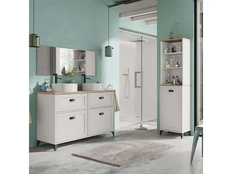 Mueble Baño Doble Toscana 120cm 2 Cajones Puertas Lavabos Blanco Roble