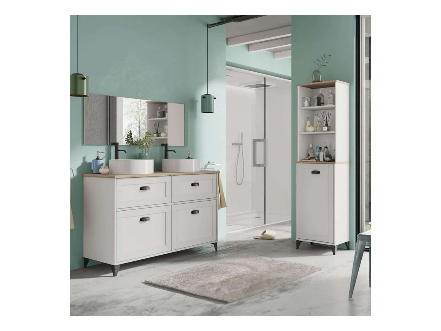 Mueble Baño Doble Toscana 120cm 2 Cajones Puertas Lavabos Blanco Roble