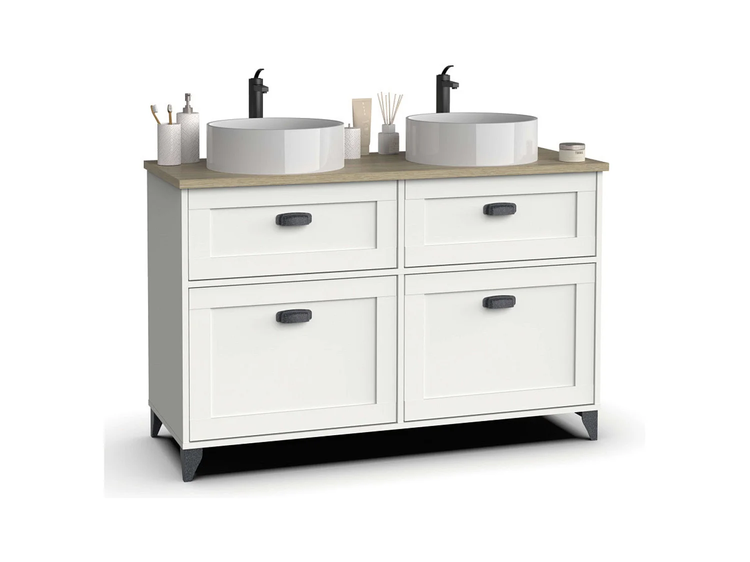 Mueble Baño Doble Toscana 120cm 2 Cajones Puertas Lavabos Blanco Roble