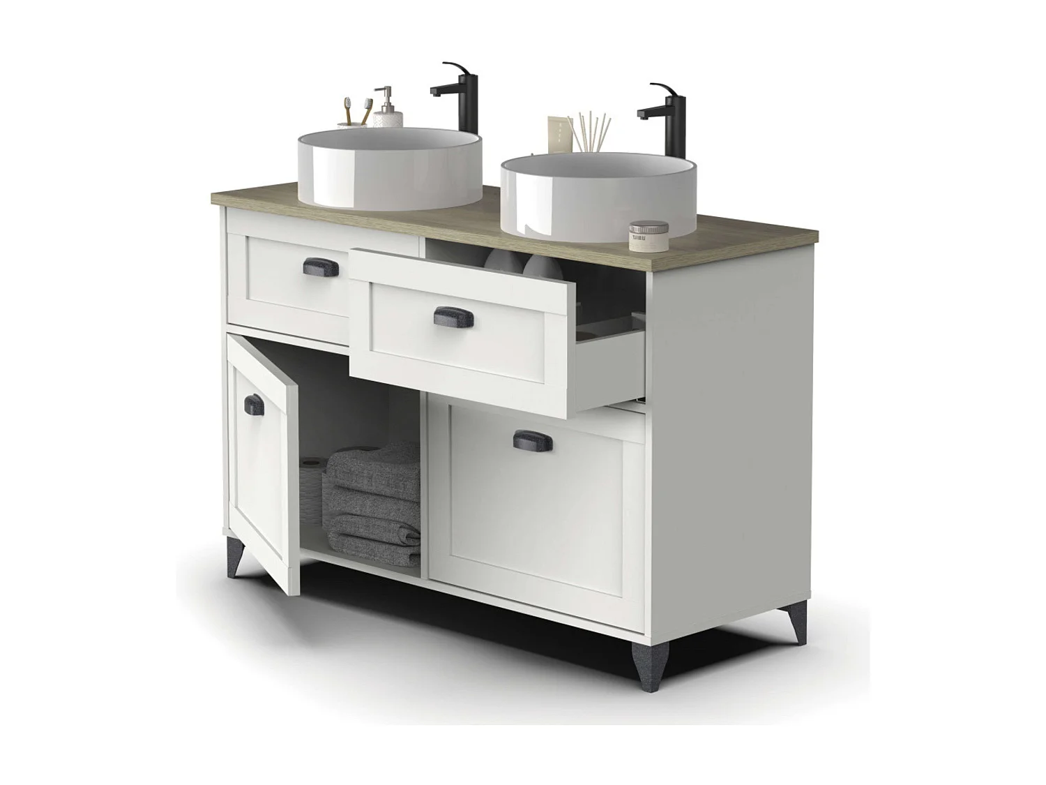 Mueble Baño Doble Toscana 120cm 2 Cajones Puertas Lavabos Blanco Roble