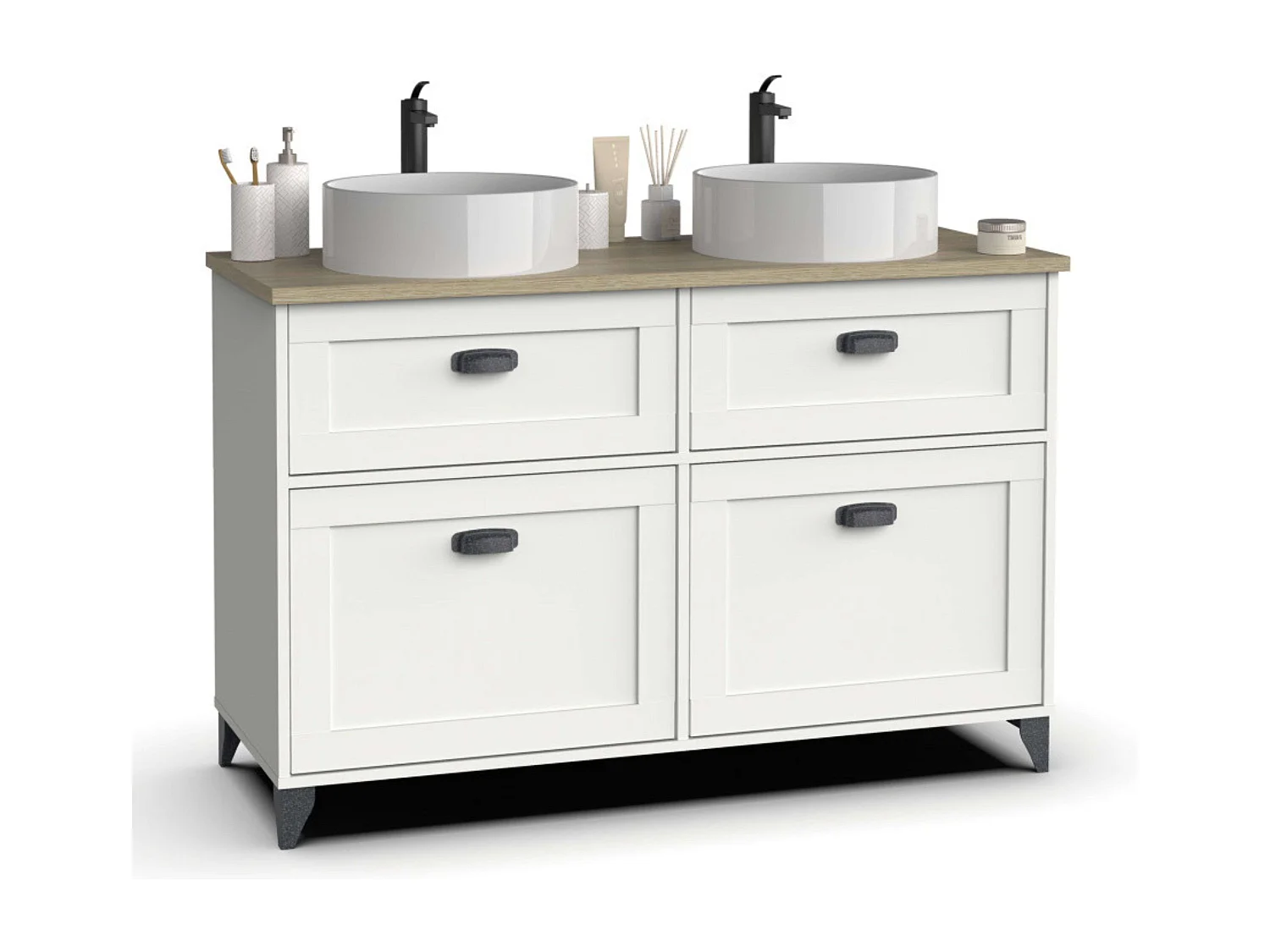 Móveis de banheiro duplo Toscana 120 cm 2 gavetas portas pias carvalho branco
