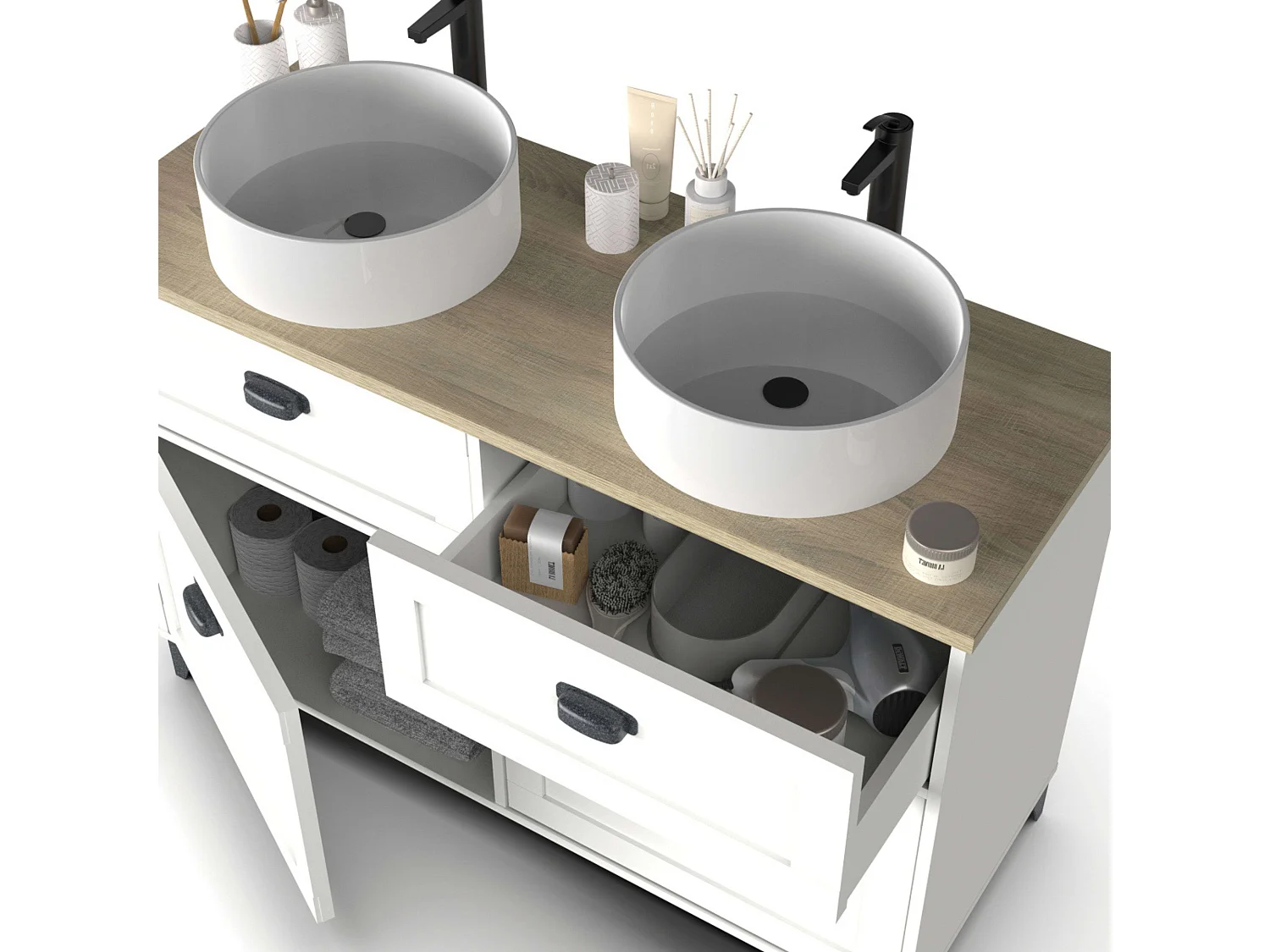 Móveis de banheiro duplo Toscana 120 cm 2 gavetas portas pias carvalho branco