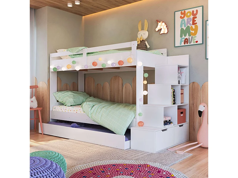 Litera Mika Dormitorio Blanco Estantería 2 Cajones 231.8x99x143 cm