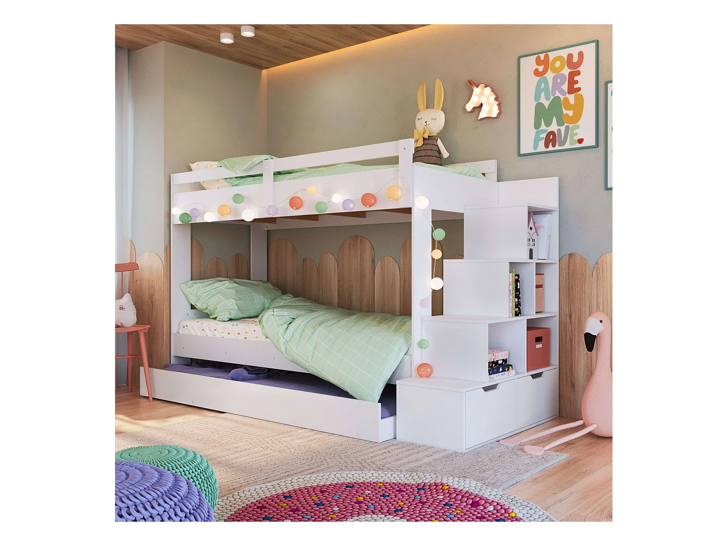 Litera Mika Dormitorio Blanco Estantería 2 Cajones 231.8x99x143 cm