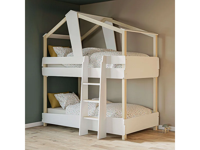 Litera Juvenil Infantil 90x190 cm Timber Blanco Mate y Beige Cabaña