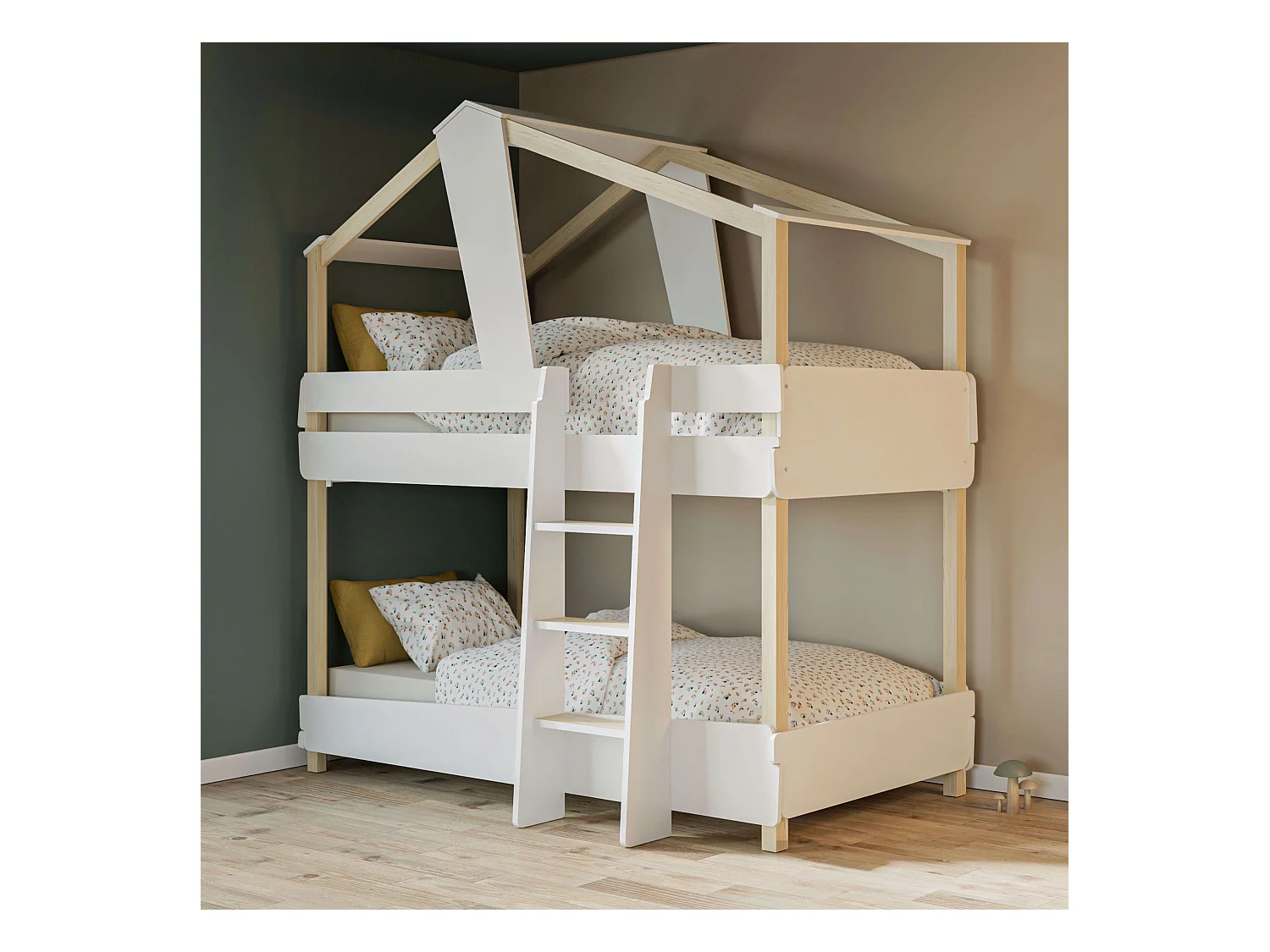 Litera Juvenil Infantil 90x190 cm Timber Blanco Mate y Beige Cabaña