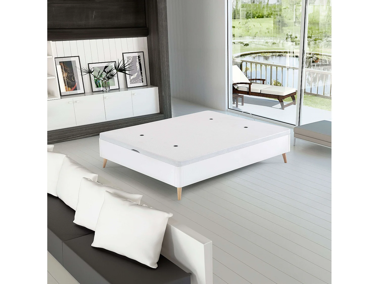 Canapé alto nórdico con patas inclinadas blanco dormitorio 135x190 cm