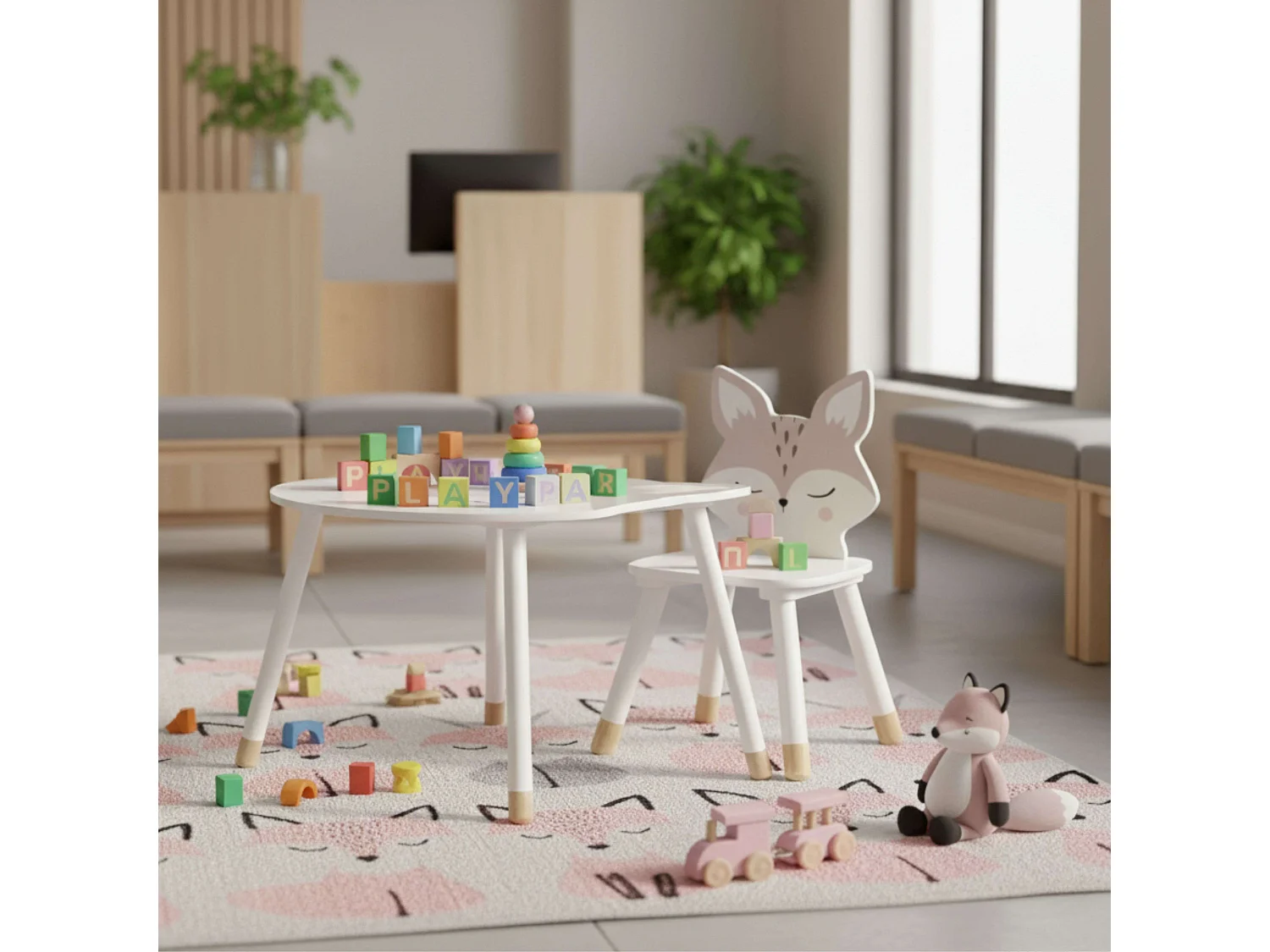 Pack Mesa Silla Infantil Fox Serigrafía Zorro Blanco Dormitorio