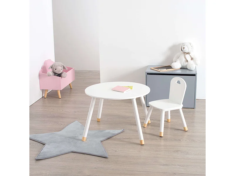 Pacote de mesa infantil e cadeira combinando em melamina Douceur na cor branca