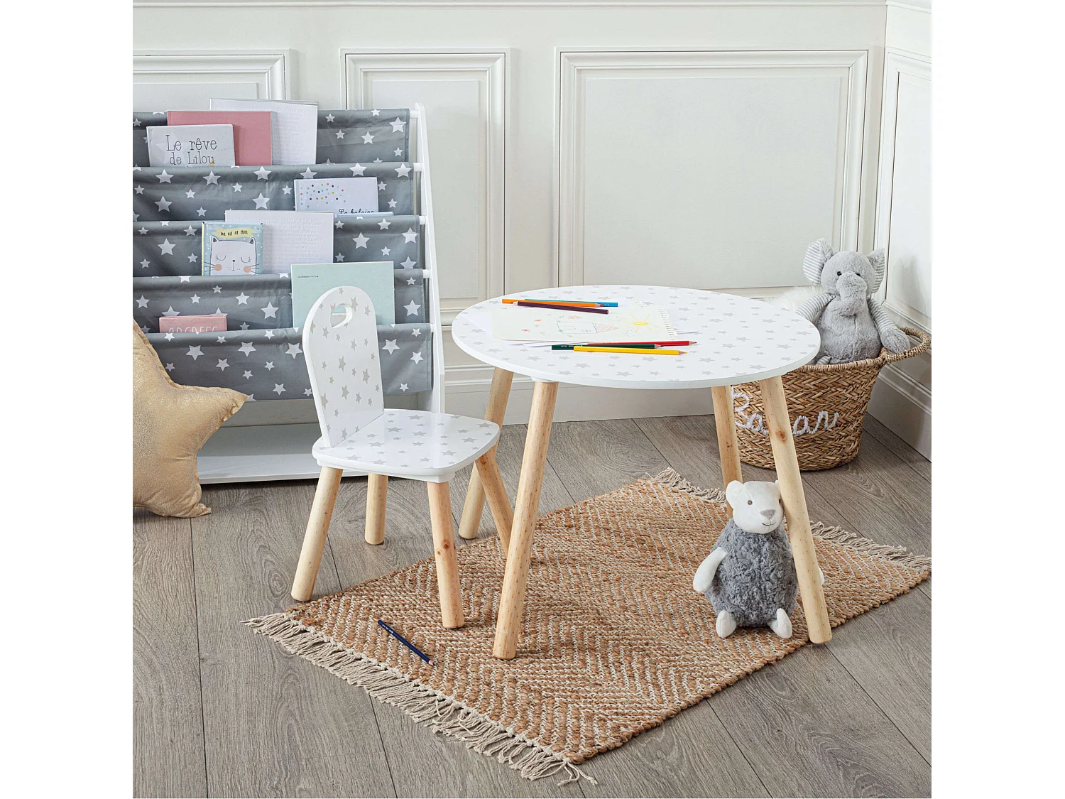 Pack Muebles Infantiles Mesa + Silla Douceur Serigrafía Estrellas Blanco