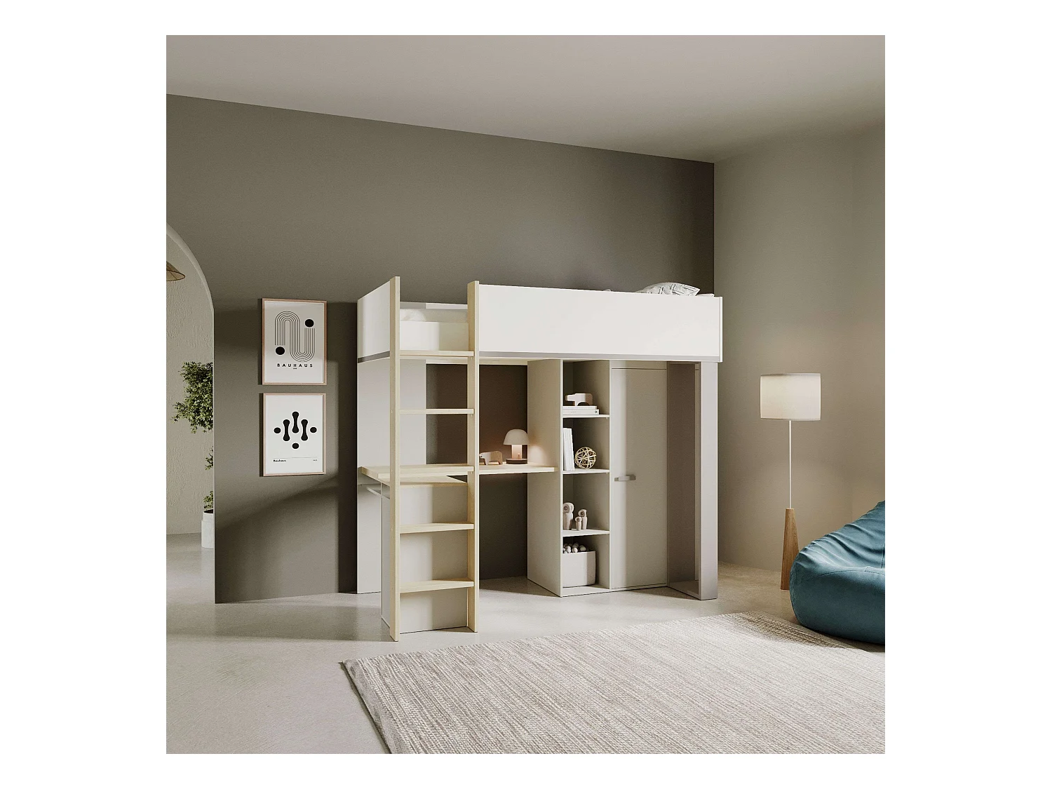 Cama Alta Juvenil Camillia 90x200 cm 2 Puertas, 3 Estantes Roble Vicenza