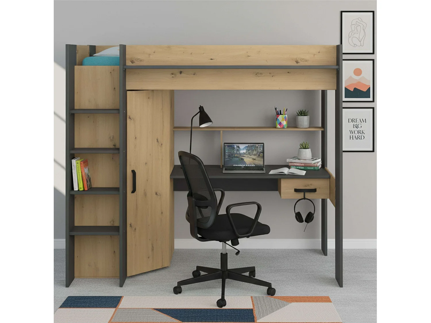 Cama Alta High con Arm. y Escr. Roble Artisan y Gris oscuro 90x200 cm