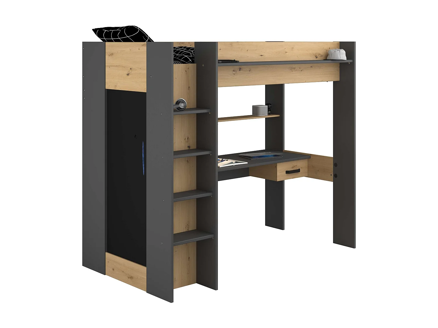 Cama Alta High con Arm. y Escr. Roble Artisan y Gris oscuro 90x200 cm