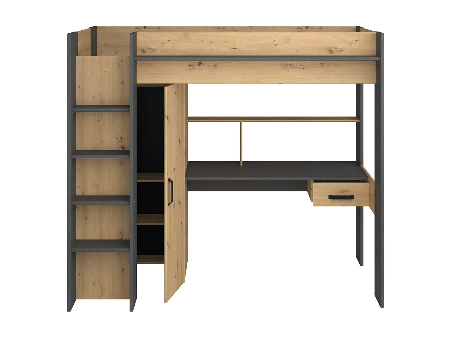 Cama Alta High con Arm. y Escr. Roble Artisan y Gris oscuro 90x200 cm