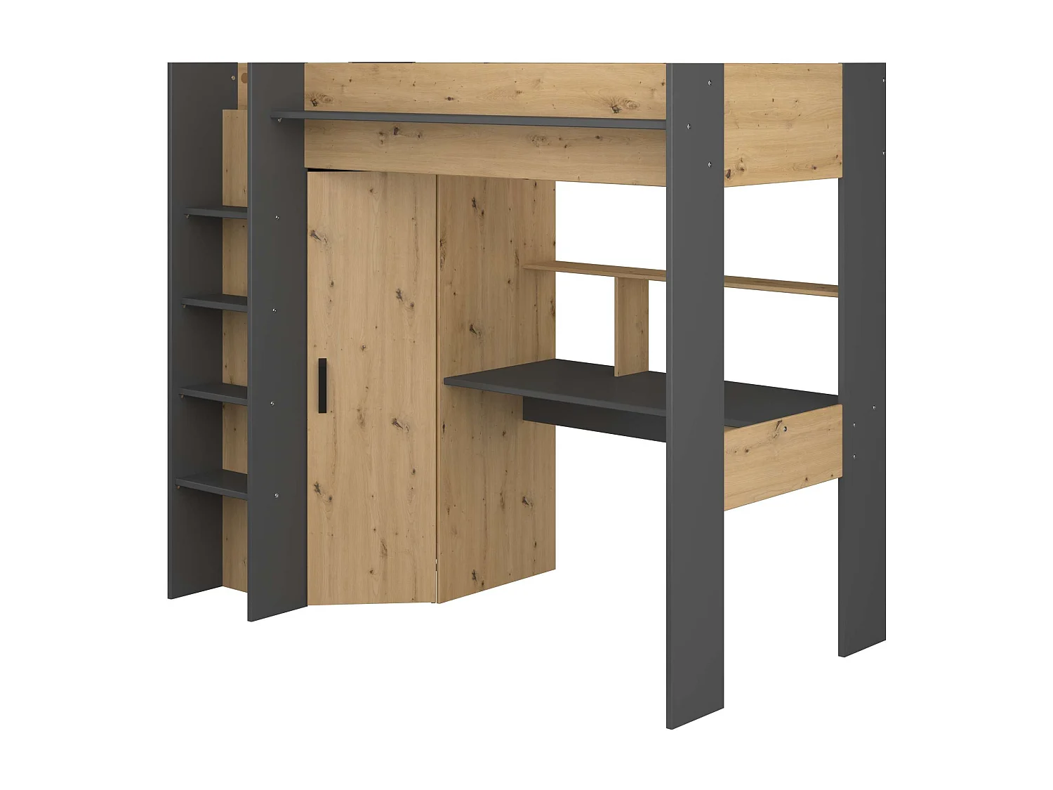 Cama Alta High con Arm. y Escr. Roble Artisan y Gris oscuro 90x200 cm