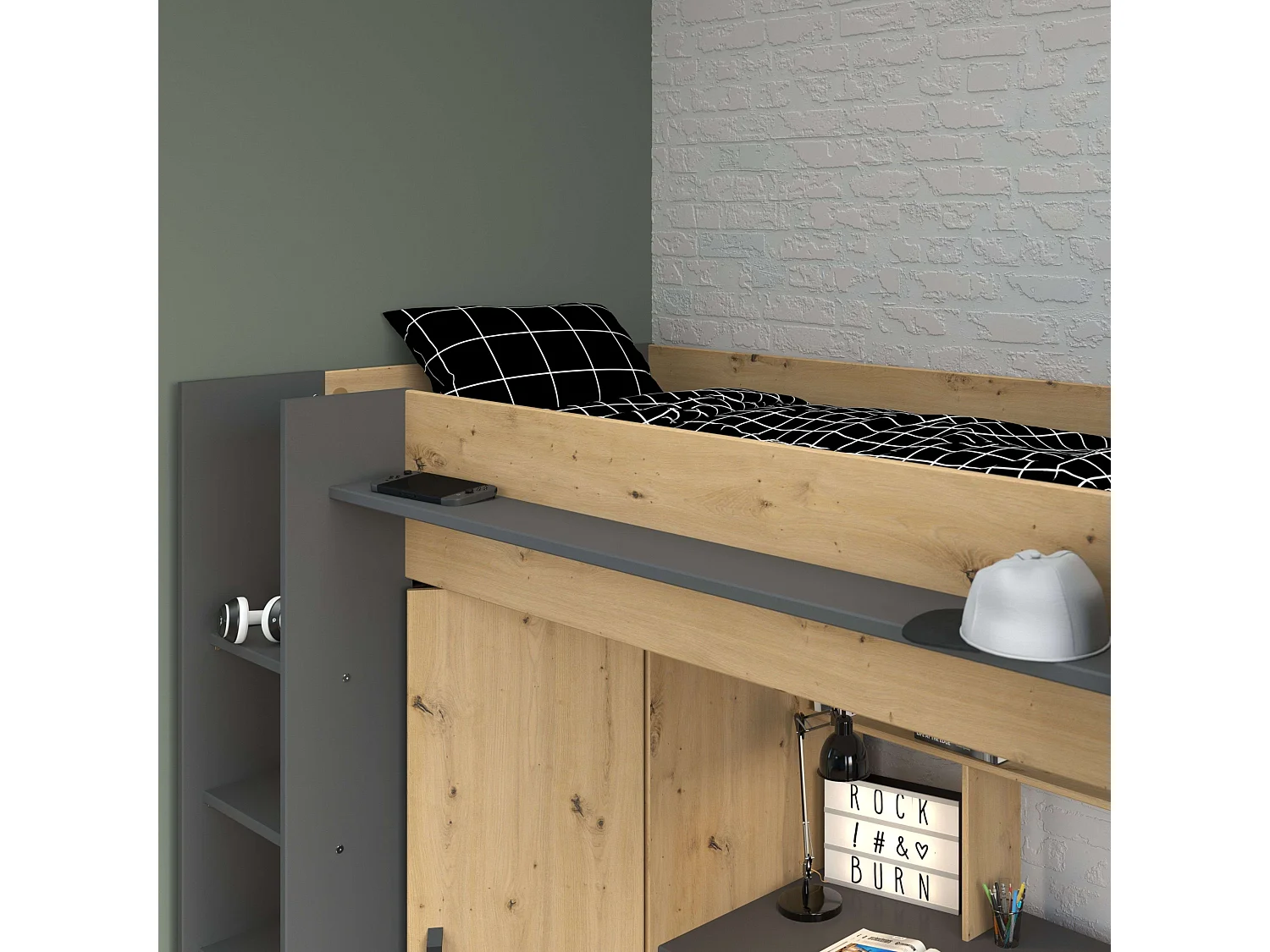 Cama Alta High con Arm. y Escr. Roble Artisan y Gris oscuro 90x200 cm