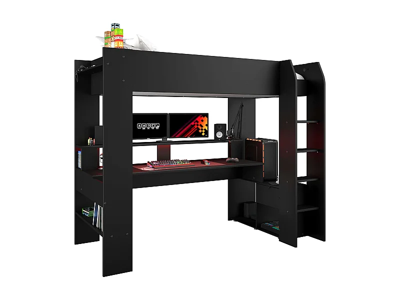 Cama Alta Game Juvenil con Escritorio Contemporáneo Negro 220x180x116 cm