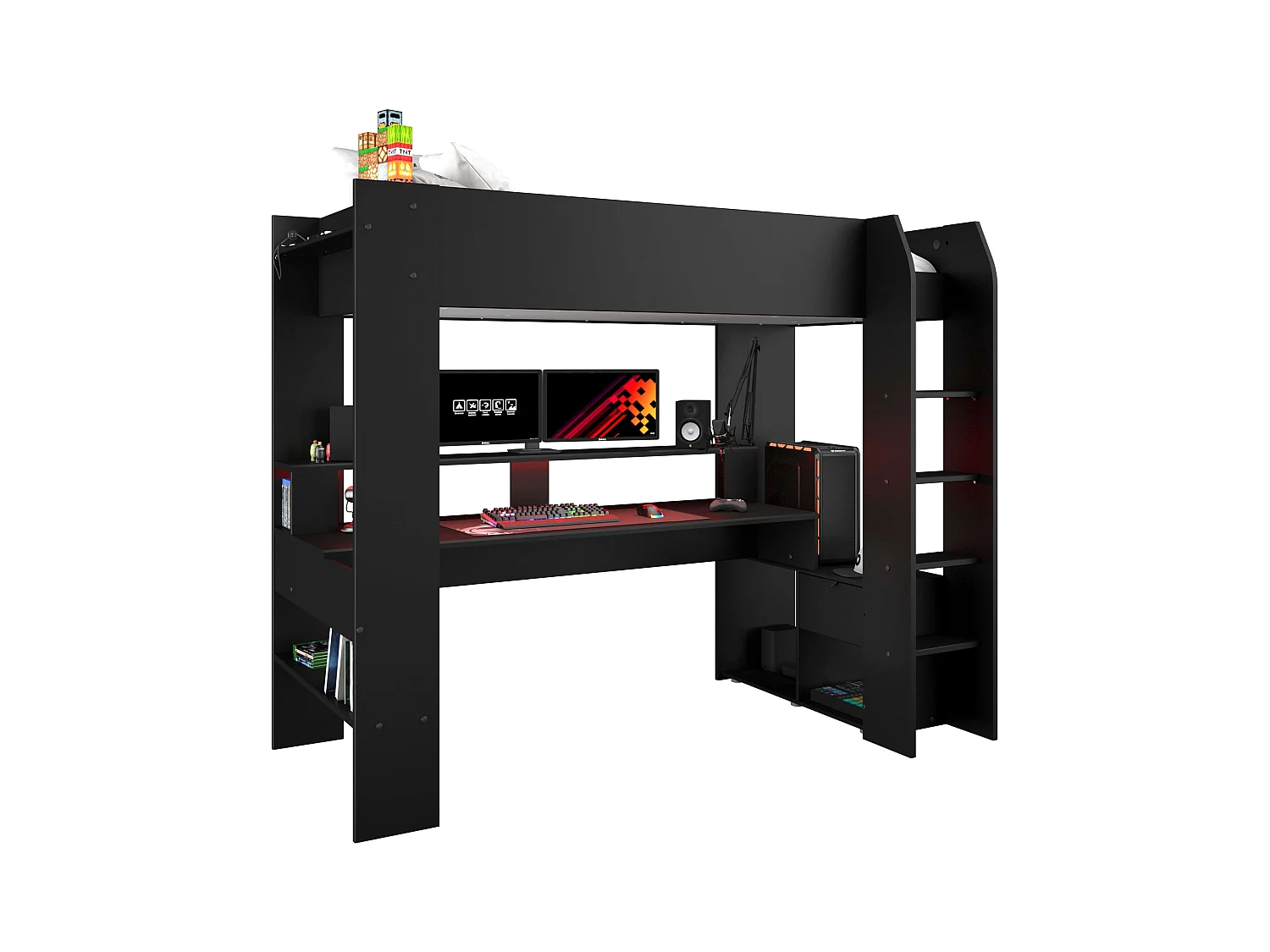 Cama Alta Game Juvenil con Escritorio Contemporáneo Negro 220x180x116 cm
