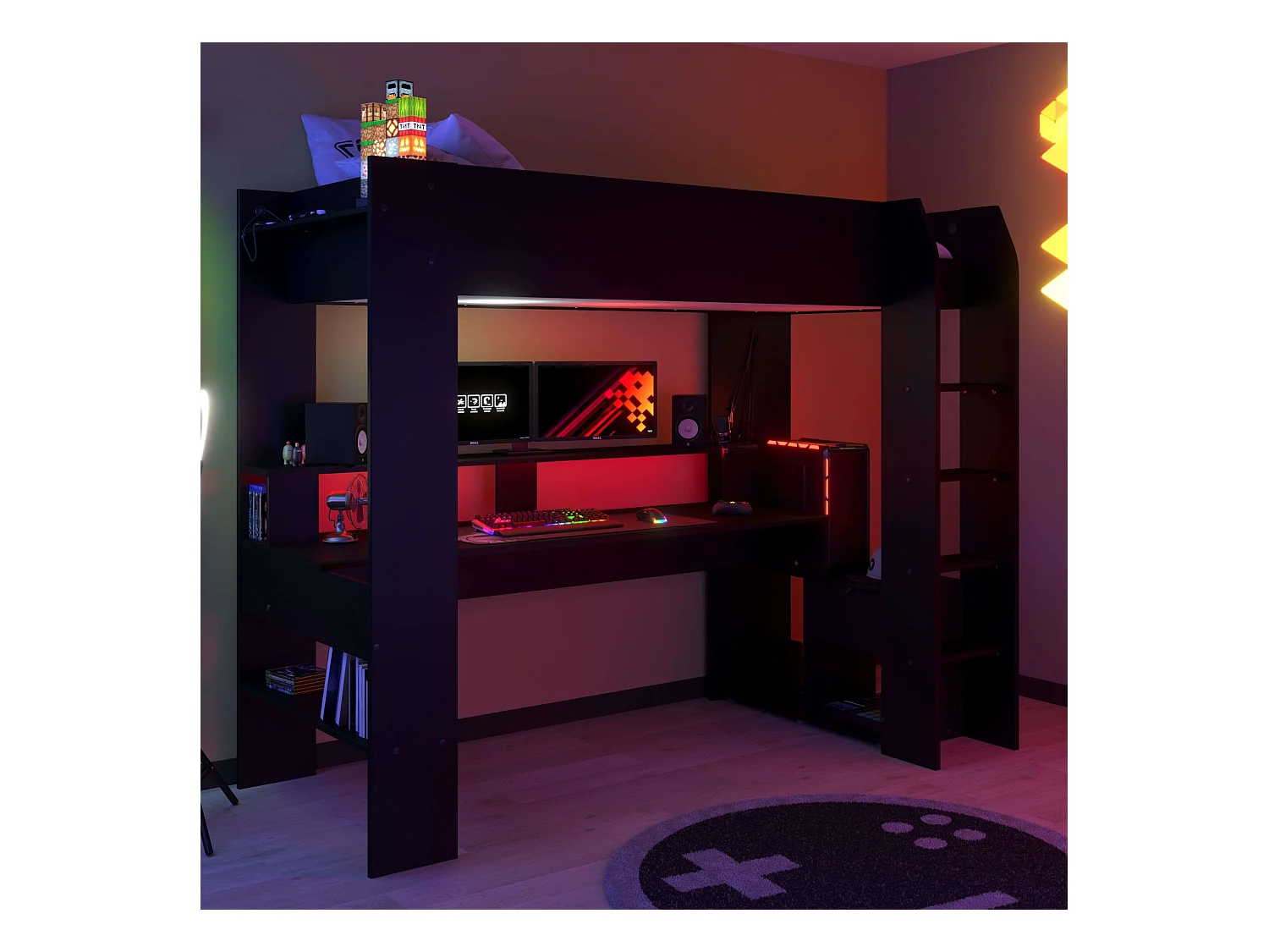 Cama Alta Game Juvenil con Escritorio Contemporáneo Negro 220x180x116 cm