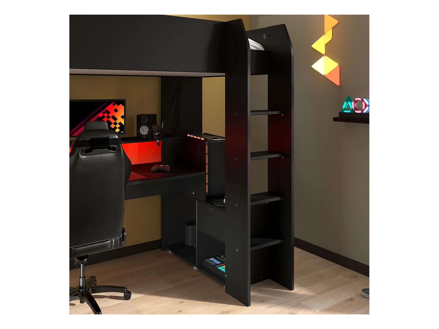 Cama Alta Game Juvenil con Escritorio Contemporáneo Negro 220x180x116 cm