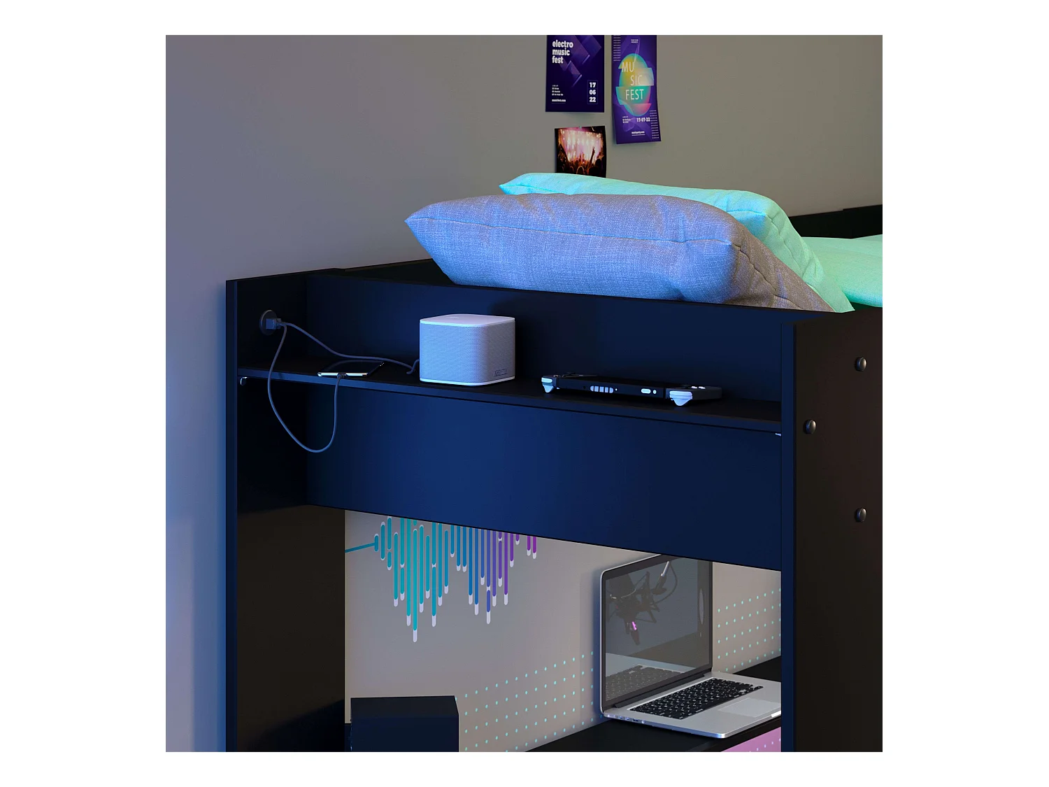 Cama Alta Game Juvenil con Escritorio Contemporáneo Negro 220x180x116 cm