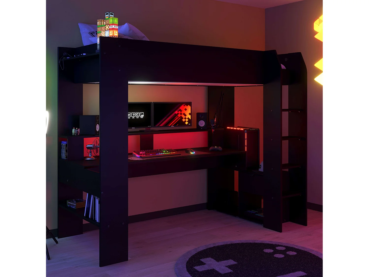 Cama Alta Game Juvenil con Escritorio Contemporáneo Negro 220x180x116 cm