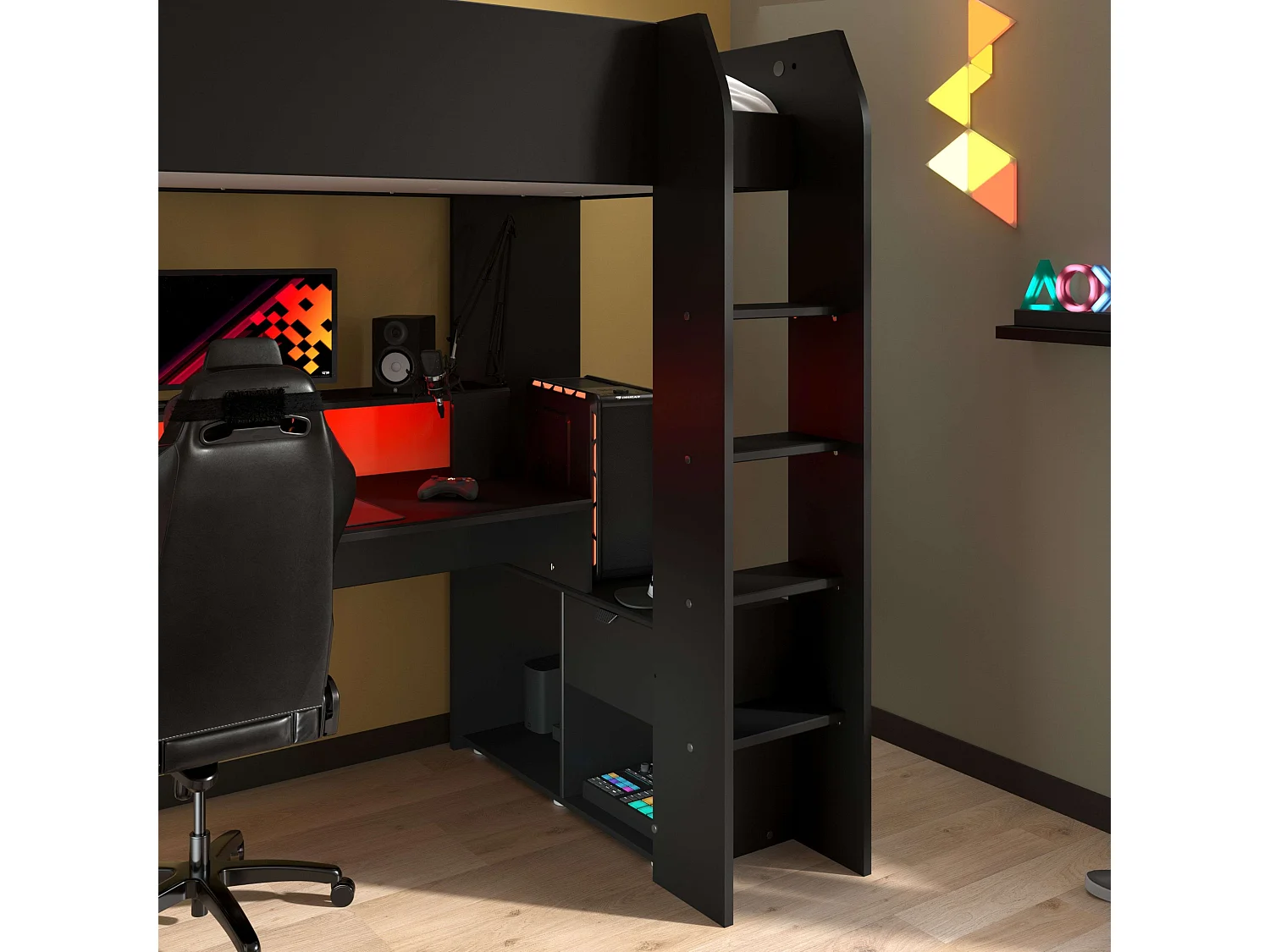 Cama Alta Game Juvenil con Escritorio Contemporáneo Negro 220x180x116 cm