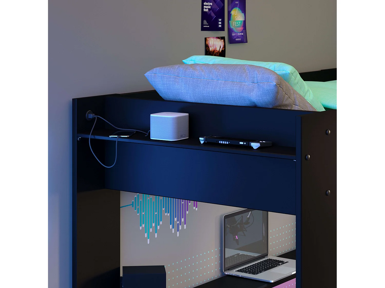 Cama Alta Game Juvenil con Escritorio Contemporáneo Negro 220x180x116 cm