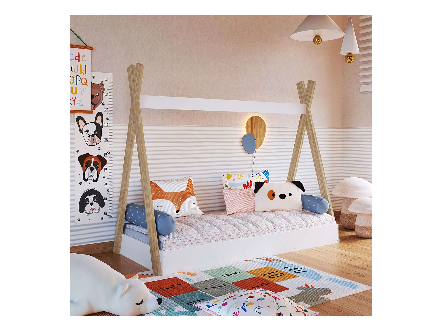 Lit enfant Tipi en blanc mat/chêne 80x190 cm