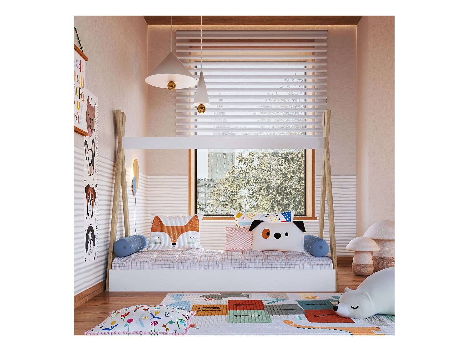 Lit enfant Tipi en blanc mat/chêne 80x190 cm