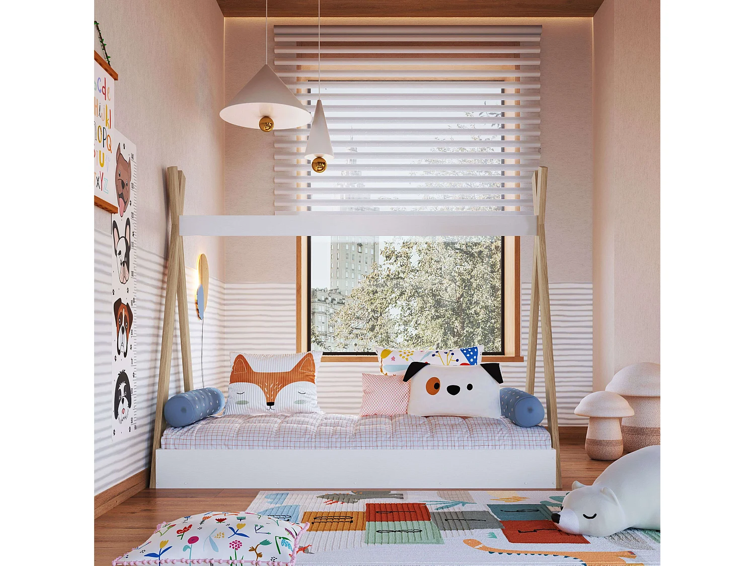 Lit enfant Tipi en blanc mat/chêne 80x190 cm