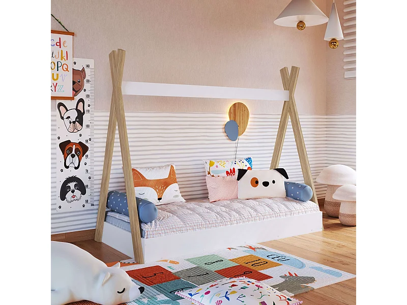 Lit enfant Tipi en blanc mat/chêne 80x190 cm