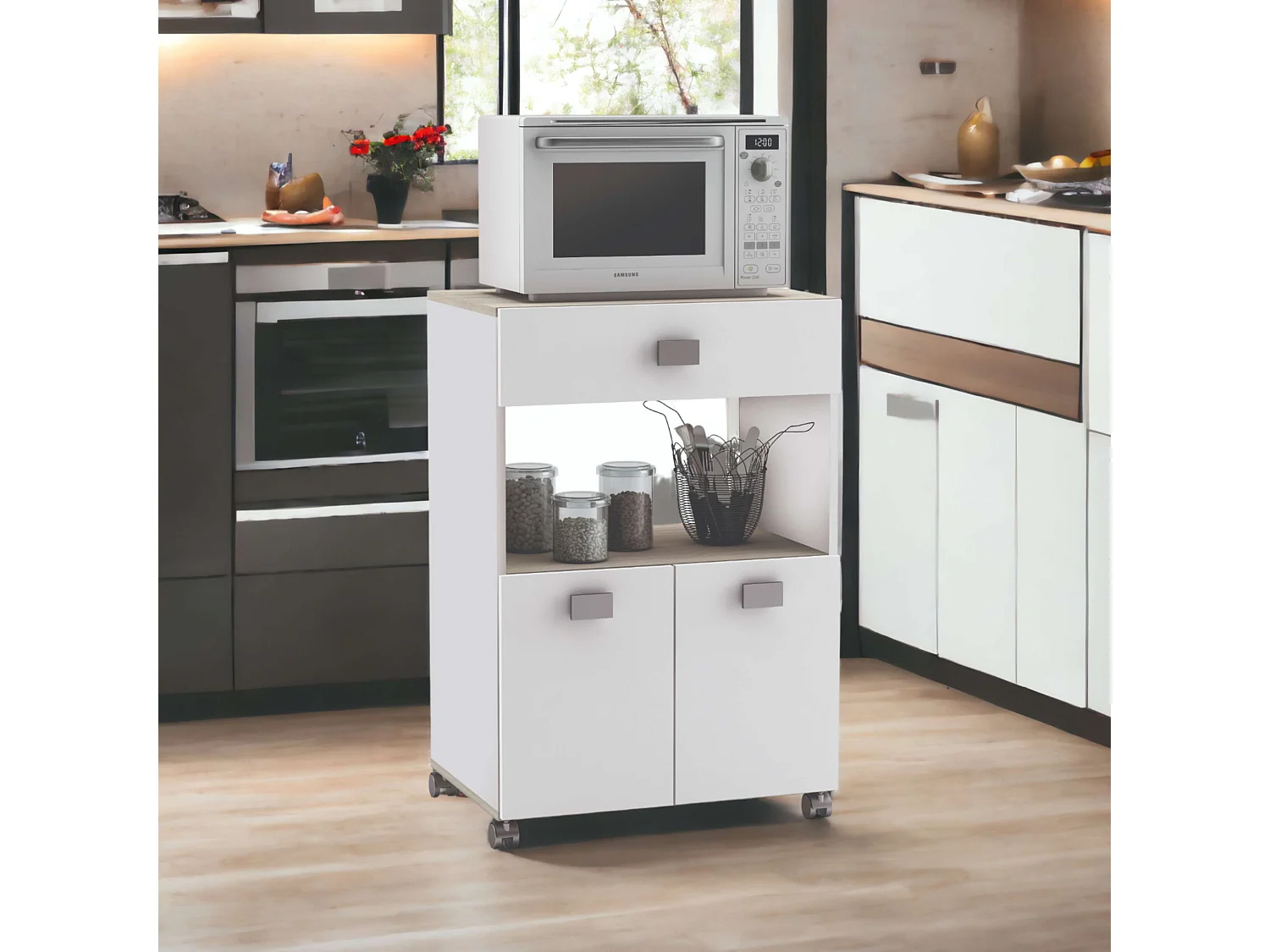 Armario Cocina Bajo 2 Puertas 1 Cajón Blanco Mate Roble 60x90x41 cm