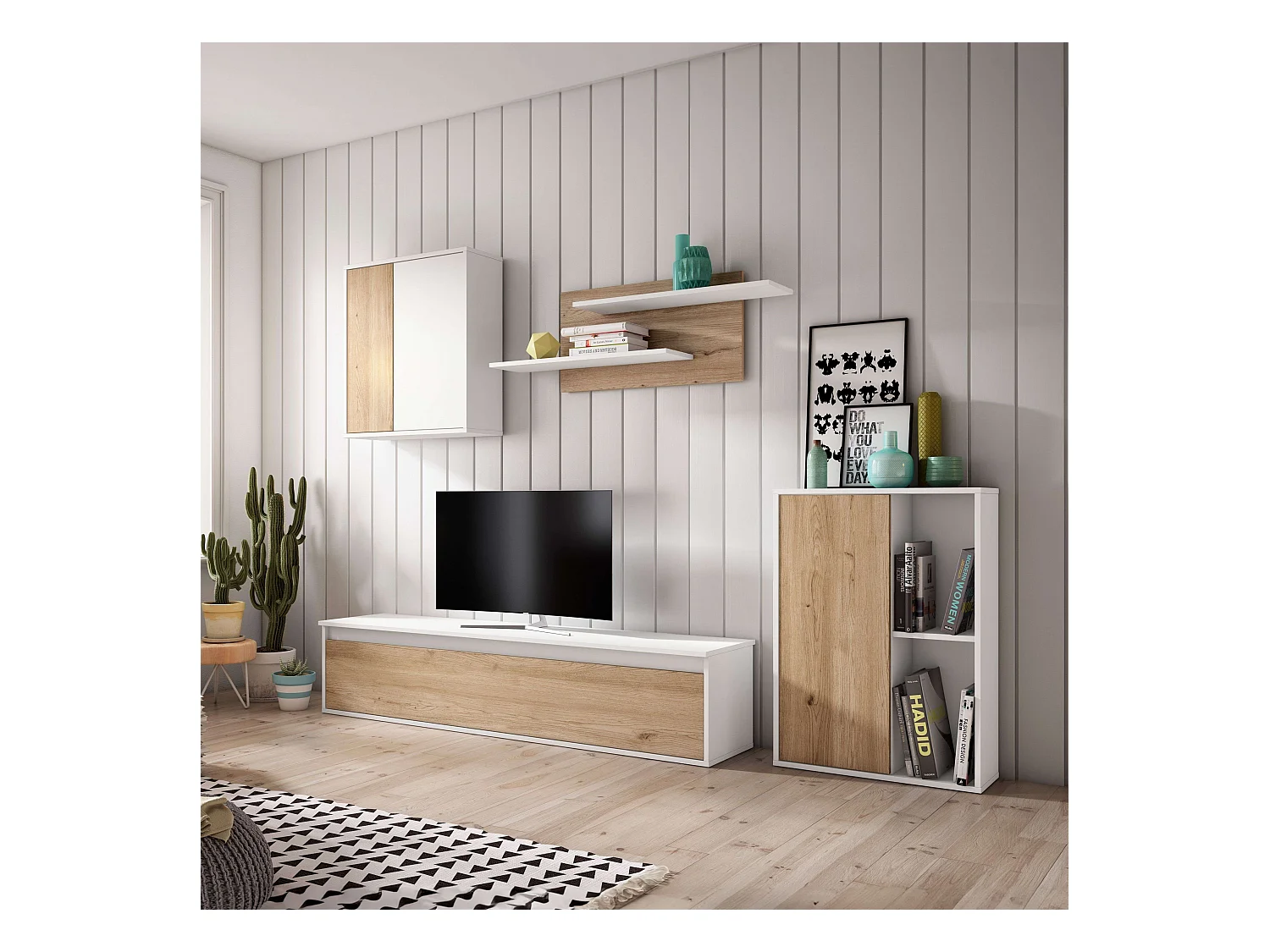 Meuble de salon et salle à manger Legos 3 modules Blanc mat Chêne naturel 220 cm