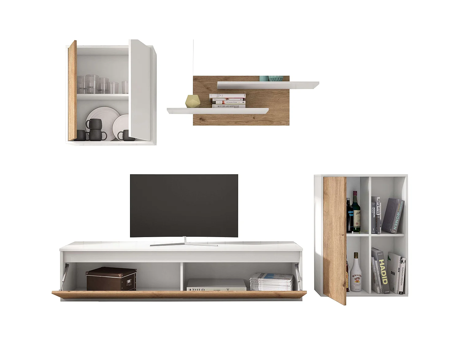 Meuble de salon et salle à manger Legos 3 modules Blanc mat Chêne naturel 220 cm