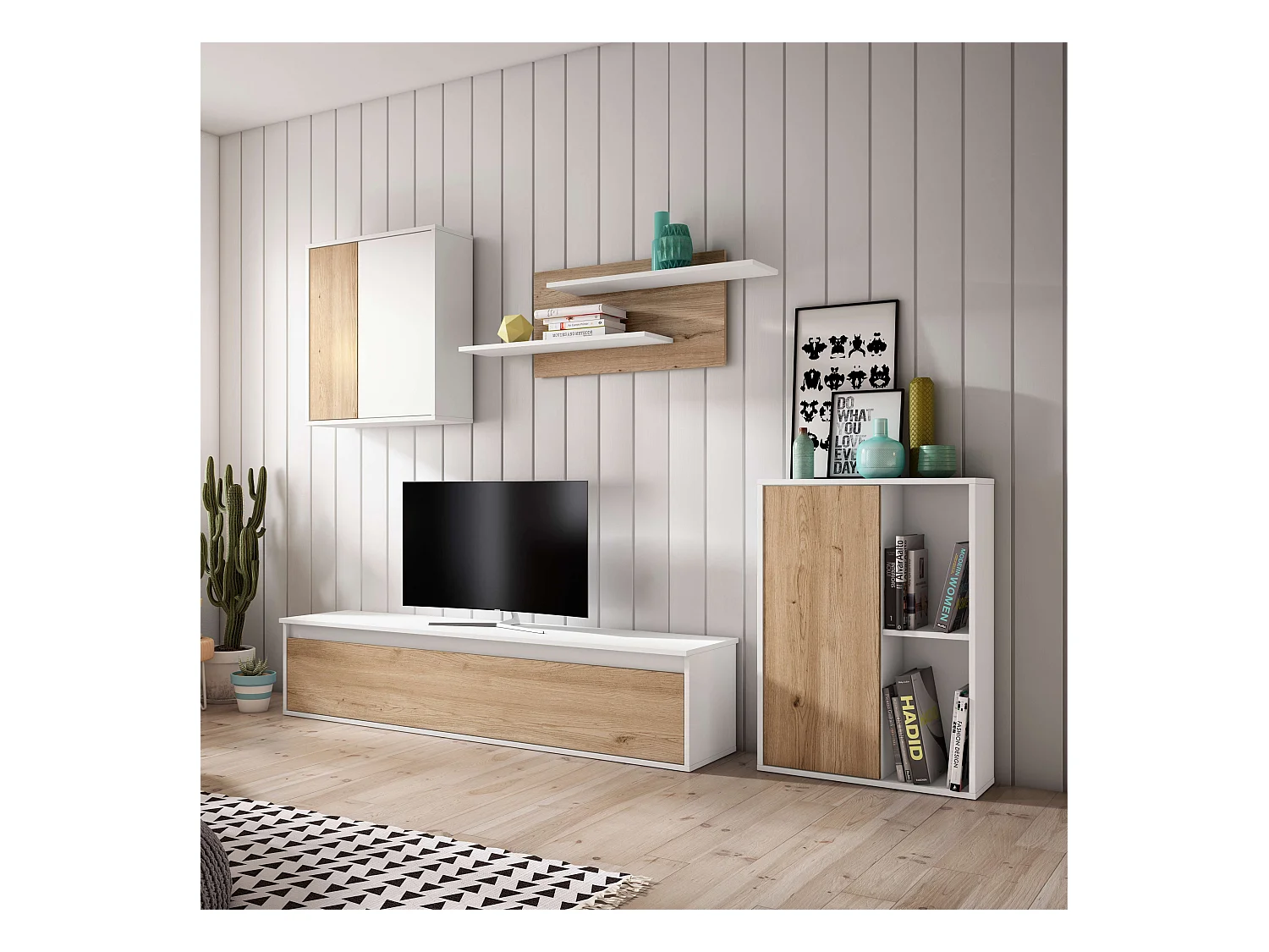 Meuble de salon et salle à manger Legos 3 modules Blanc mat Chêne naturel 220 cm