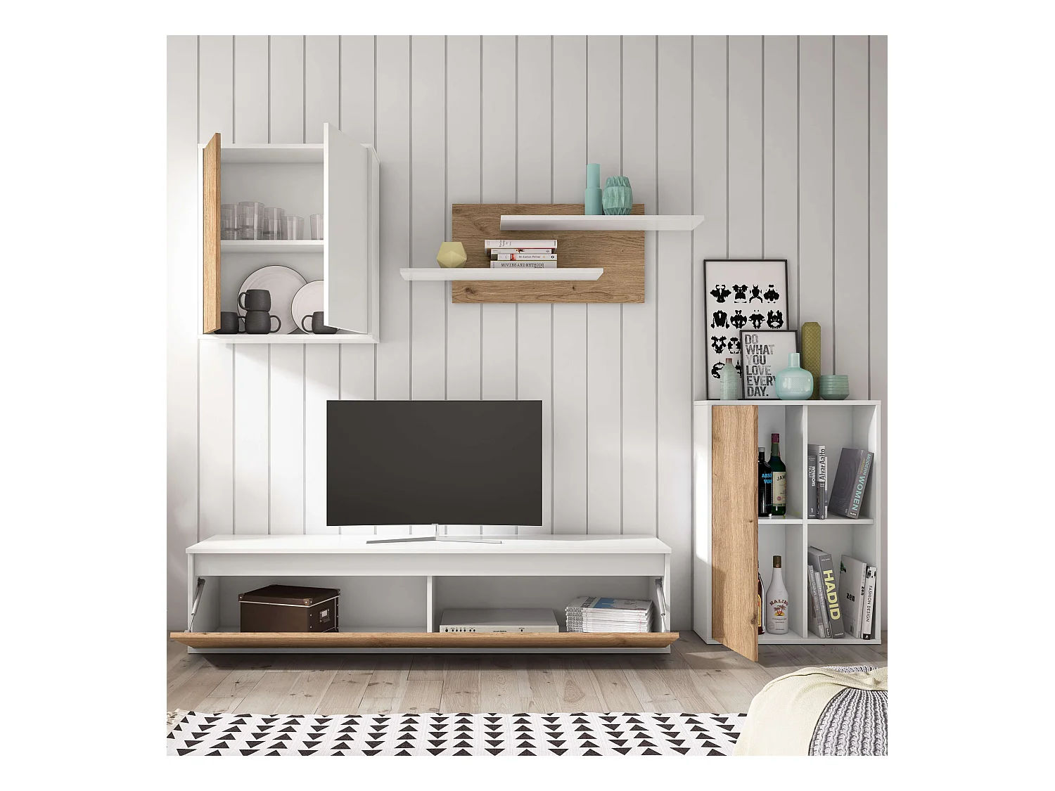 Meuble de salon et salle à manger Legos 3 modules Blanc mat Chêne naturel 220 cm