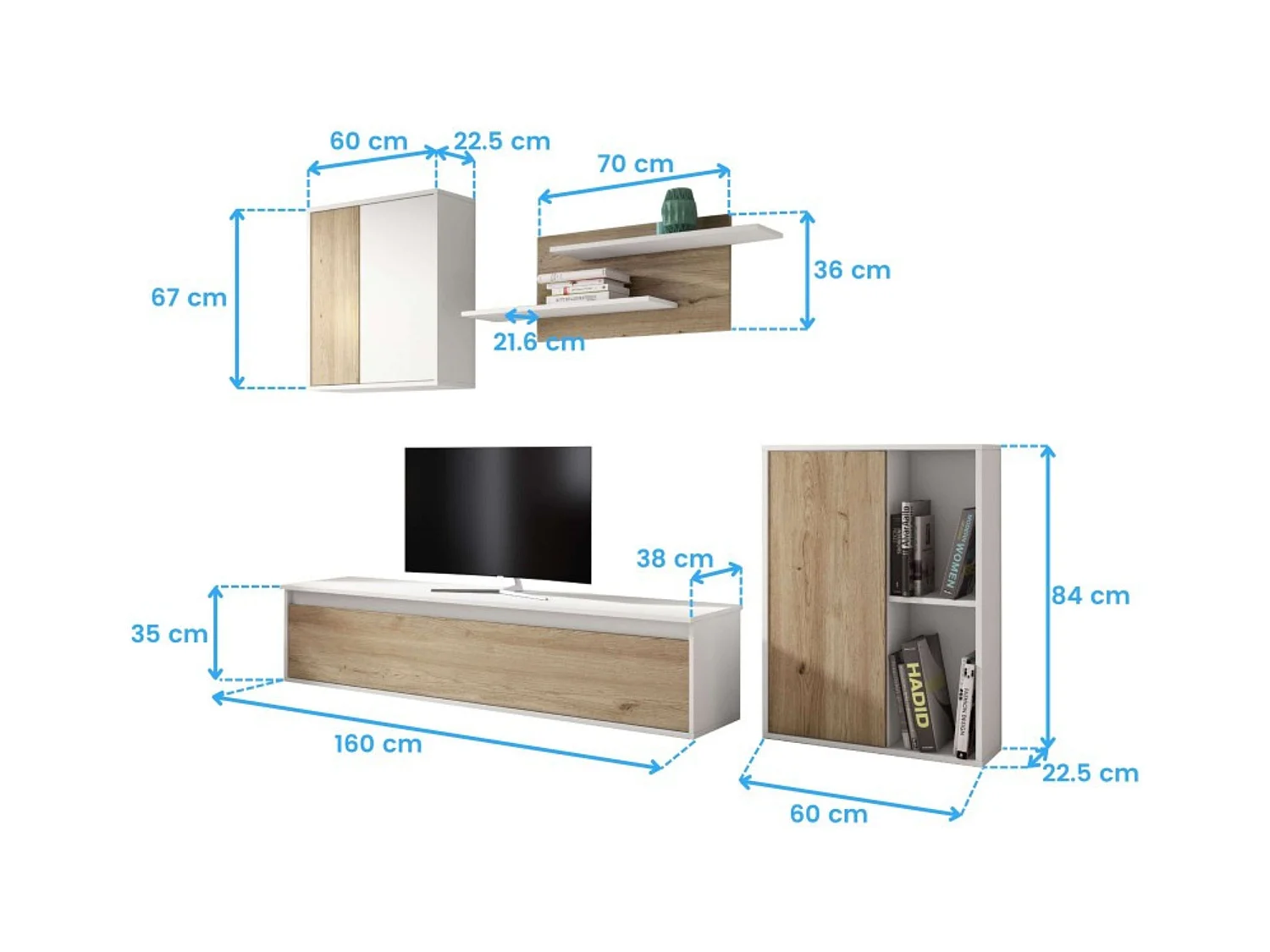 Meuble de salon et salle à manger Legos 3 modules Blanc mat Chêne naturel 220 cm