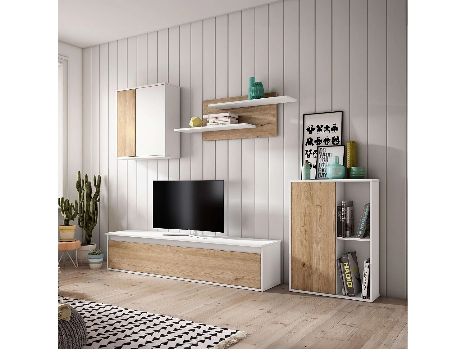 Mueble Salón Comedor Legos 3 Módulos Blanco Mate Roble Naturale 220cm