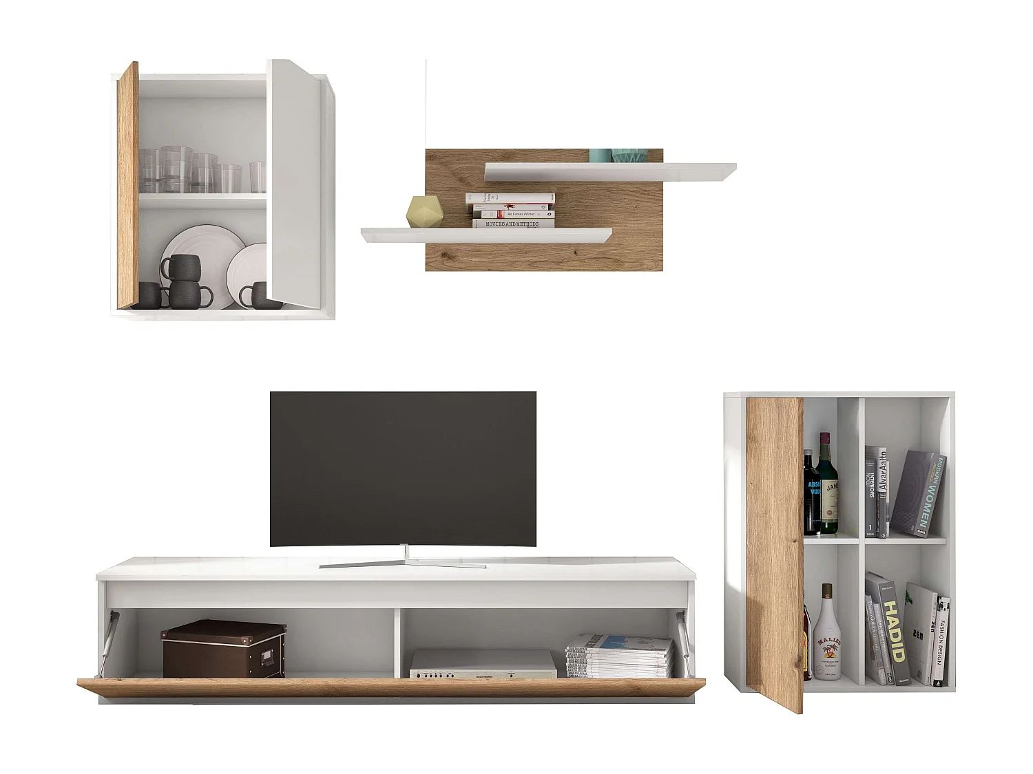 Mueble Salón Comedor Legos 3 Módulos Blanco Mate Roble Naturale 220cm