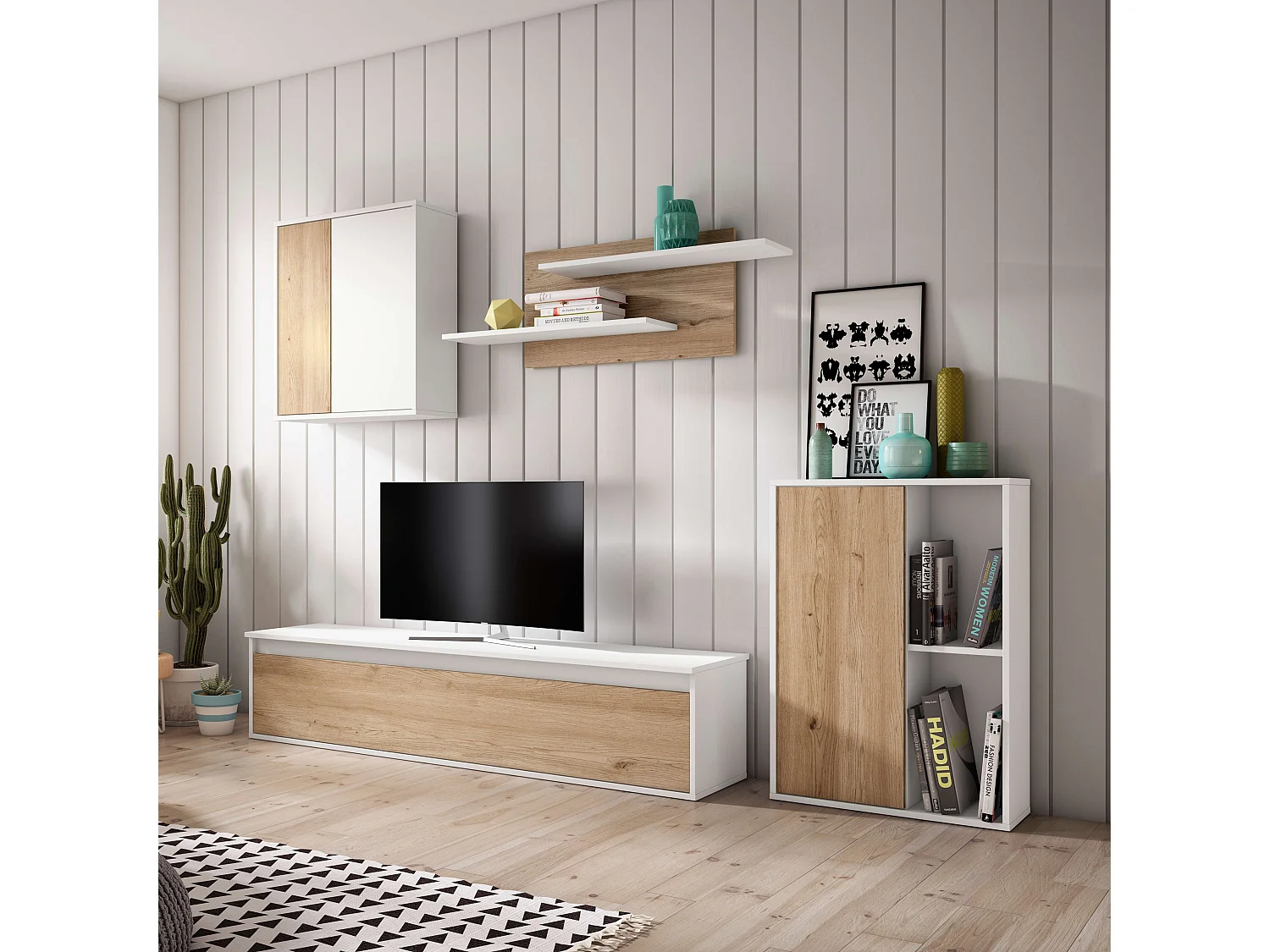 Mueble Salón Comedor Legos 3 Módulos Blanco Mate Roble Naturale 220cm