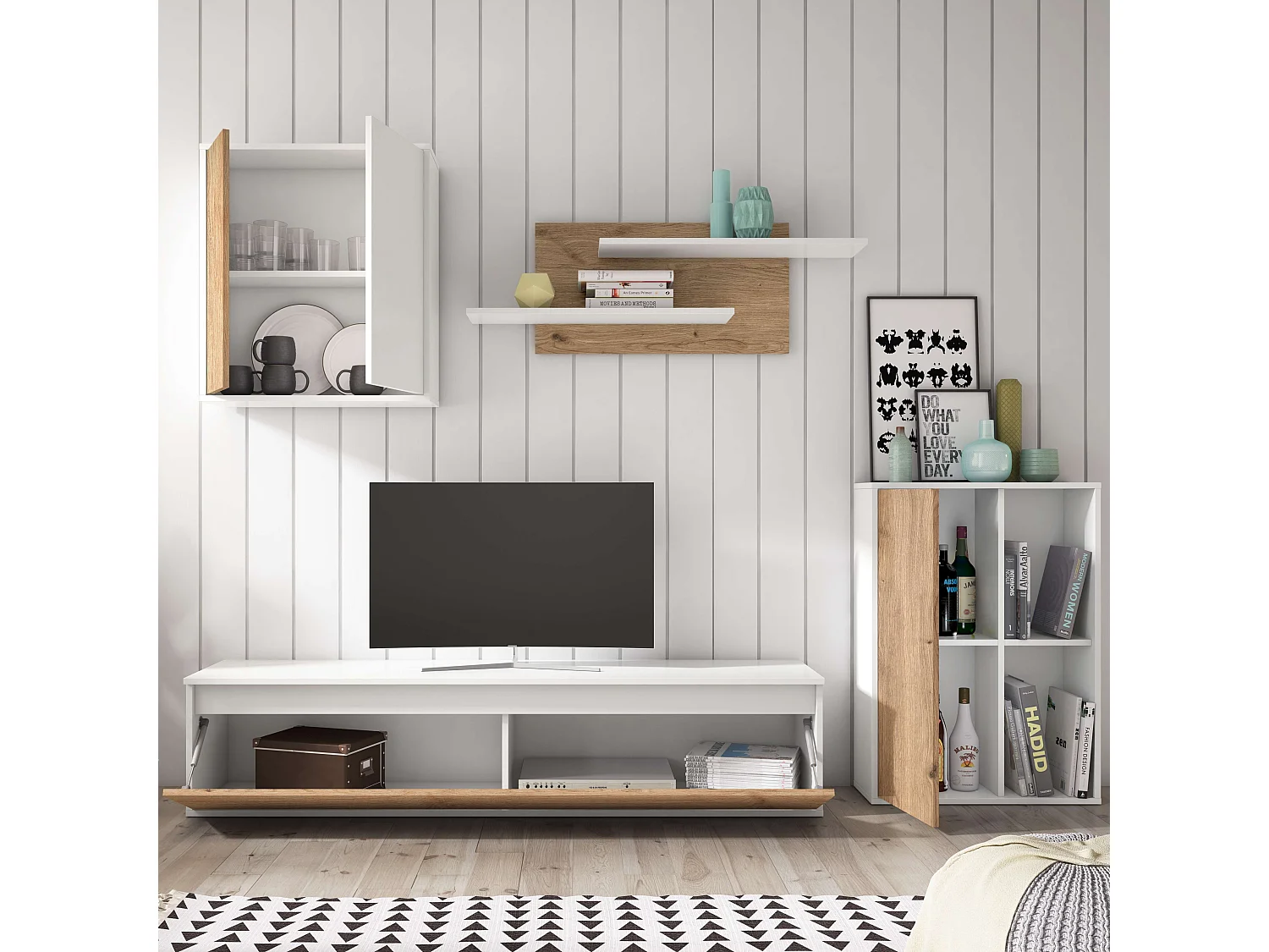 Mueble Salón Comedor Legos 3 Módulos Blanco Mate Roble Naturale 220cm