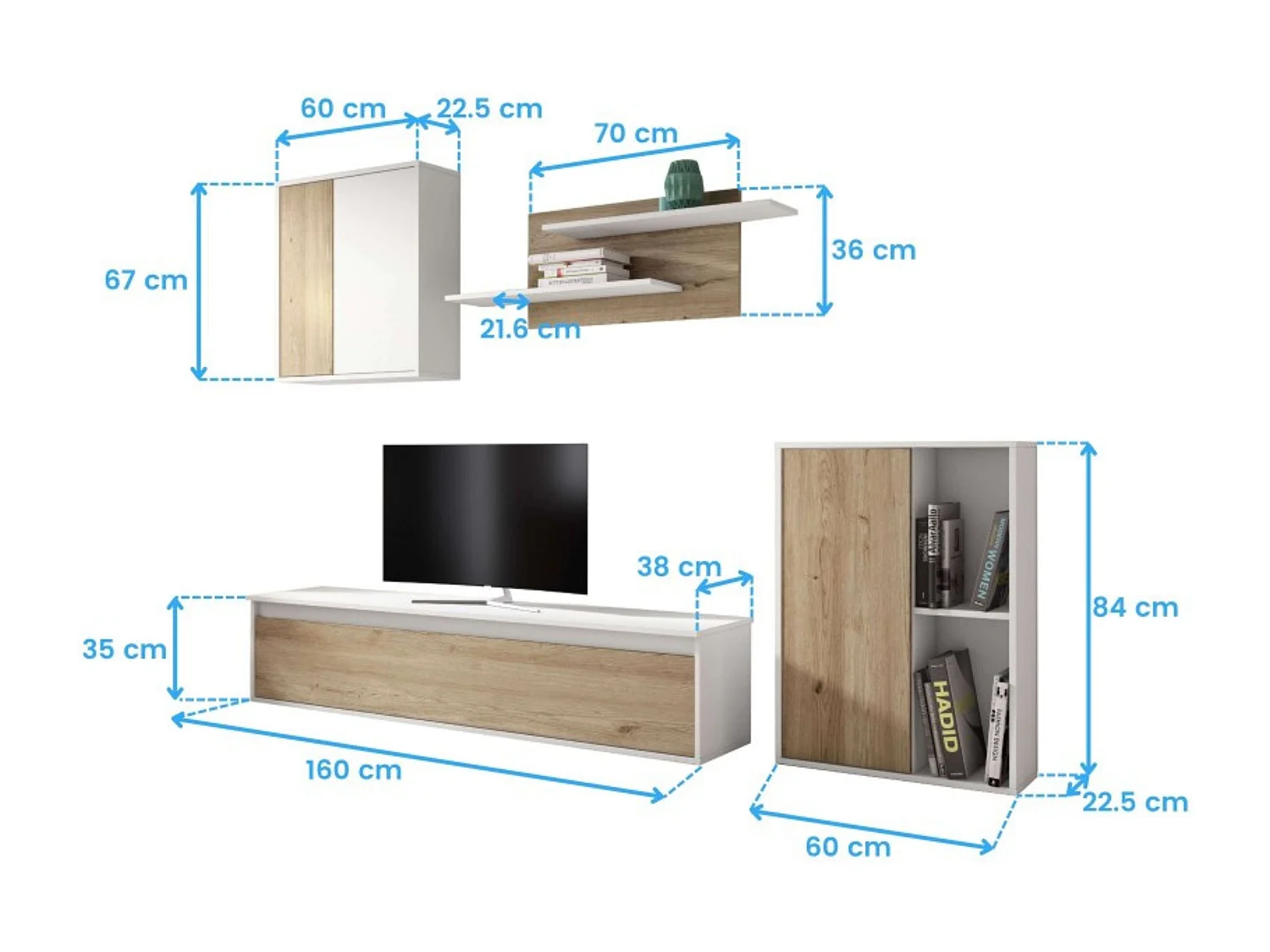 Móveis para sala de estar e jantar Legos 3 módulos carvalho natural branco fosco 220 cm