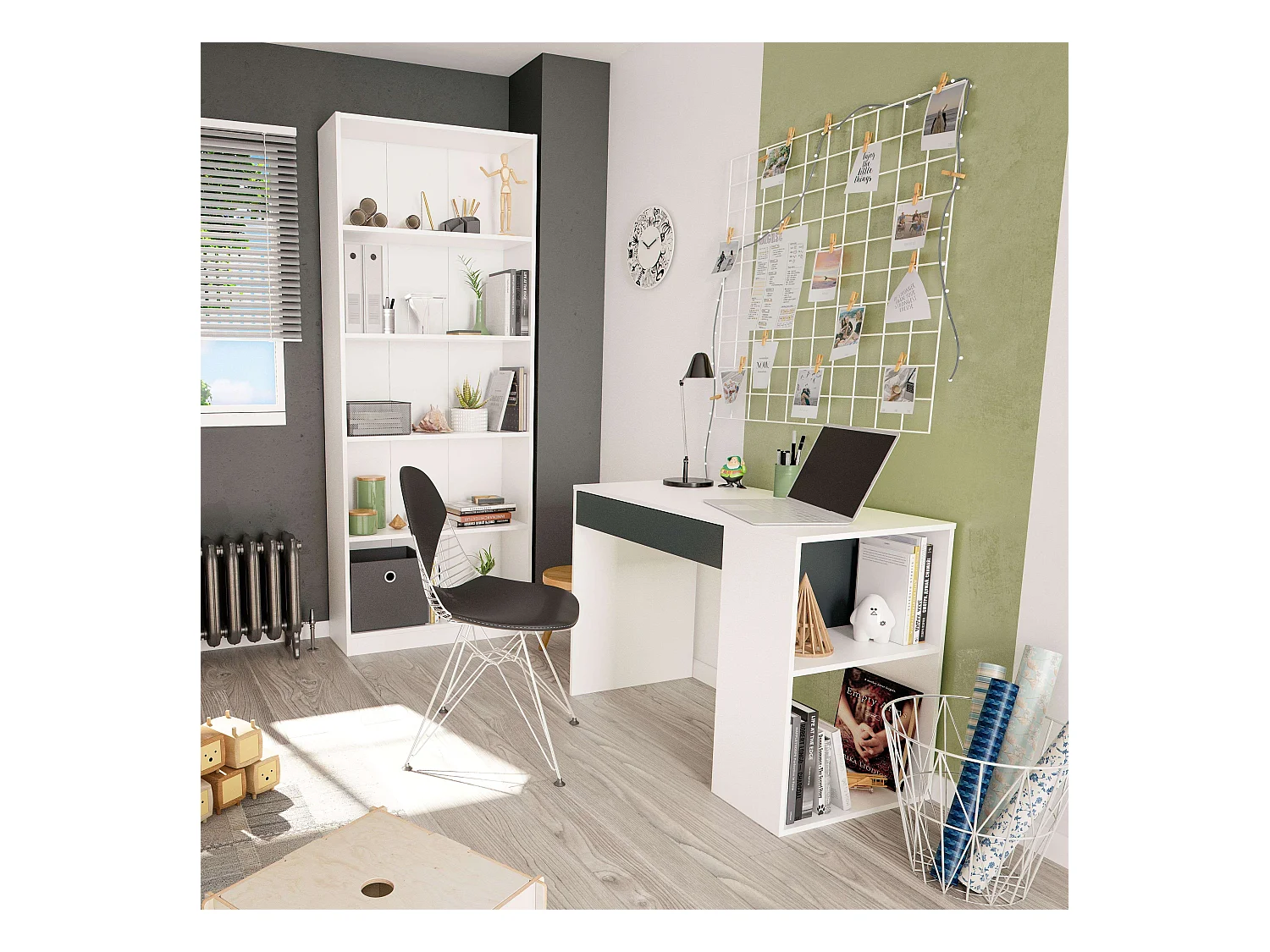 Pack Muebles Estudio Juvenil (Escritorio + Estantería) Color Blanco y Gris