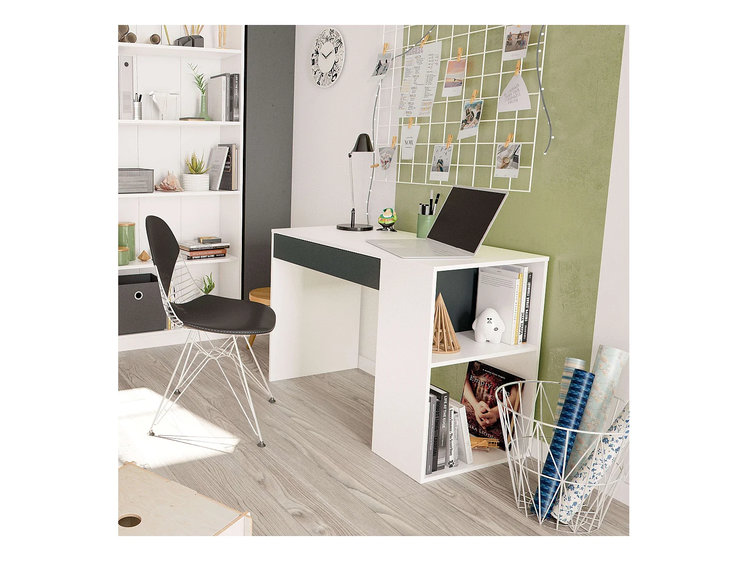 Pack Muebles Estudio Juvenil (Escritorio + Estantería) Color Blanco y Gris