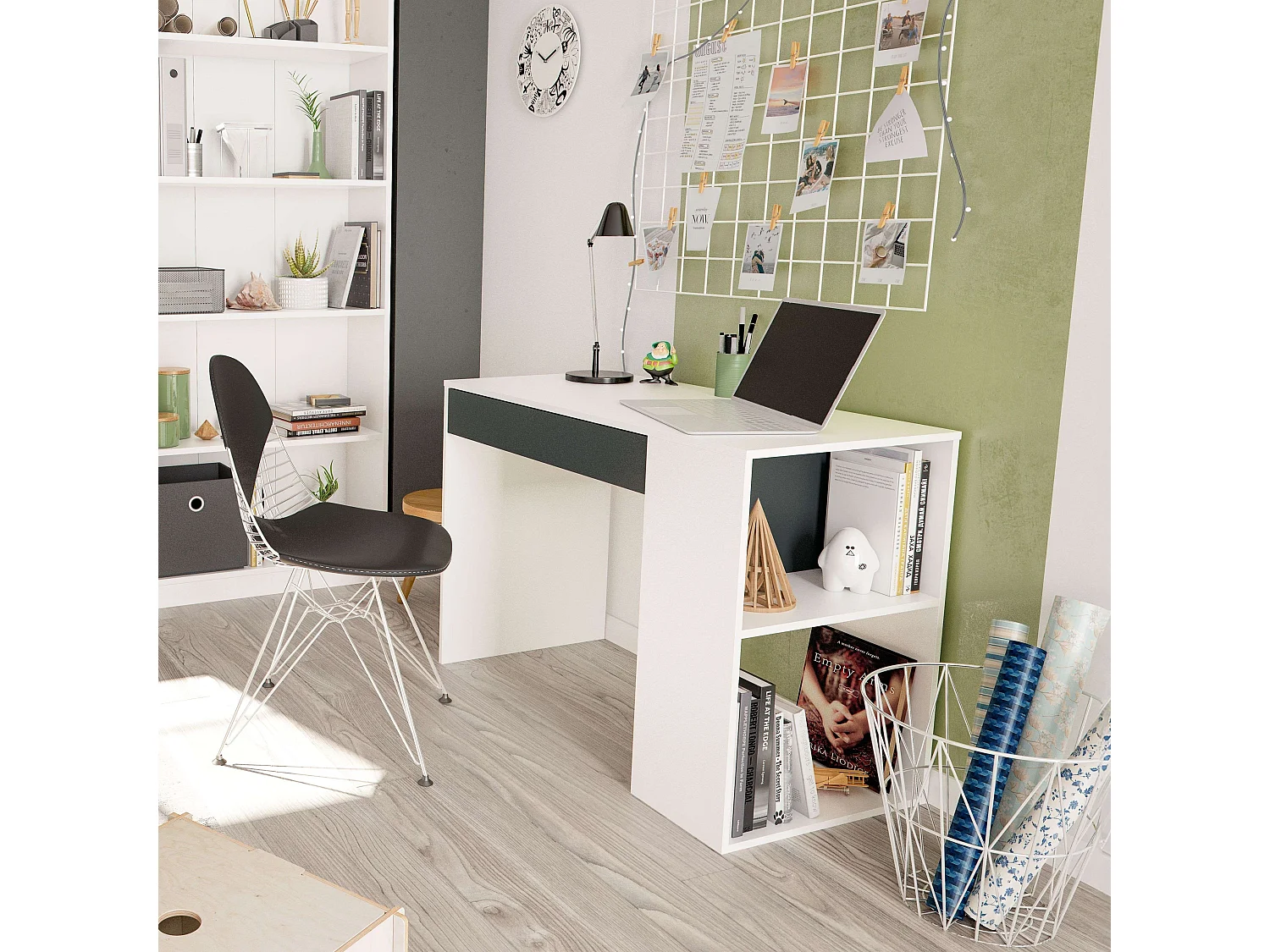 Pack Muebles Estudio Juvenil (Escritorio + Estantería) Color Blanco y Gris