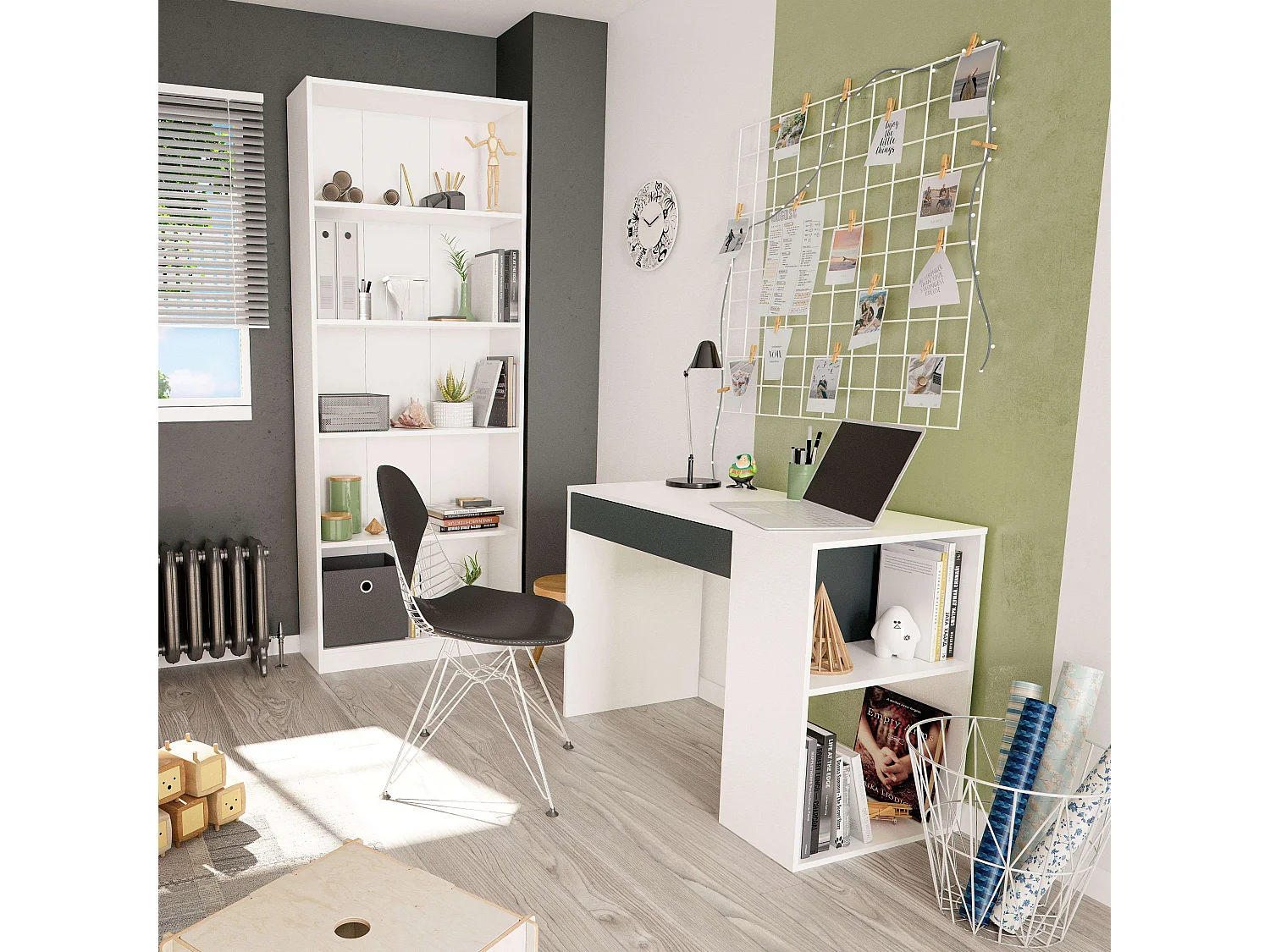 Pack Muebles Estudio Juvenil Color Blanco Y Gris Oficina Despacho Estilo Moderno (escritorio + Estantería)