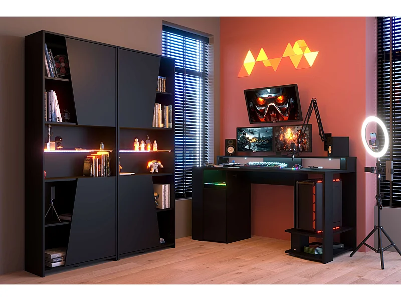 Pack muebles gaming LED negro moderno (mesa gamer + 2 estanterías)