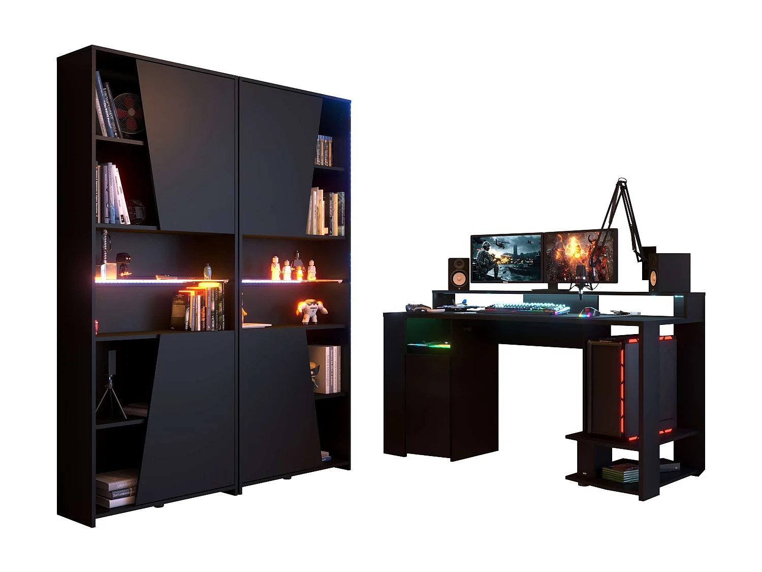 Pack muebles gaming LED negro moderno (mesa gamer + 2 estanterías)