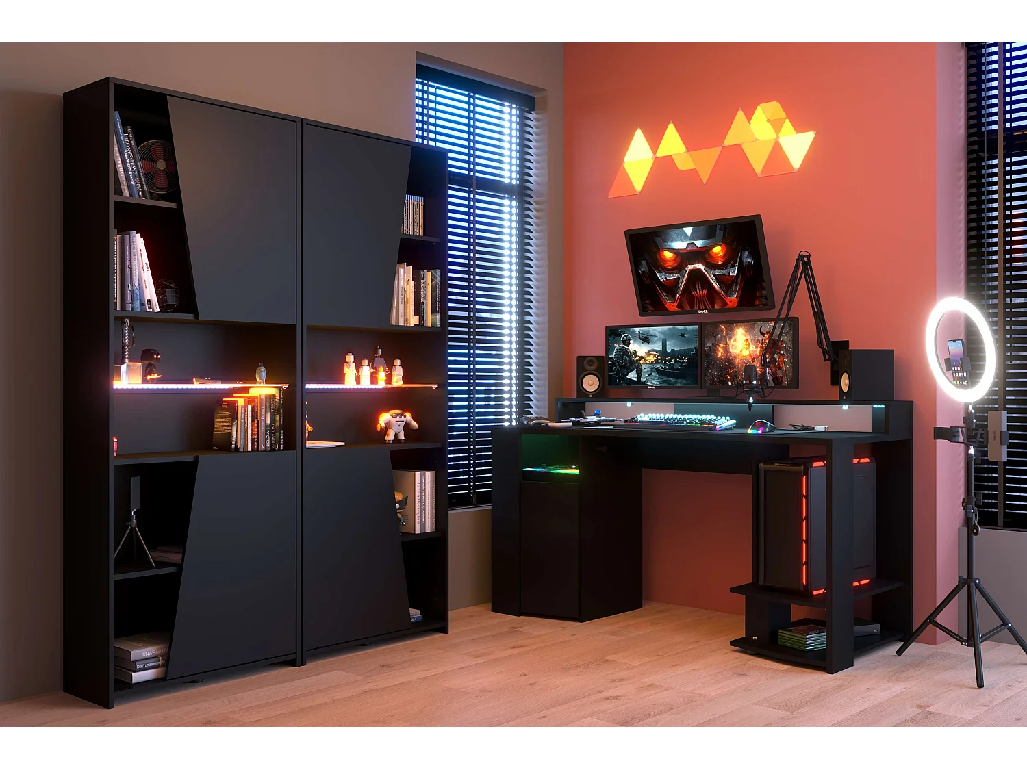 Pack muebles gaming con LED incluido color negro estilo moderno (mesa gamer + 2 estanterías)